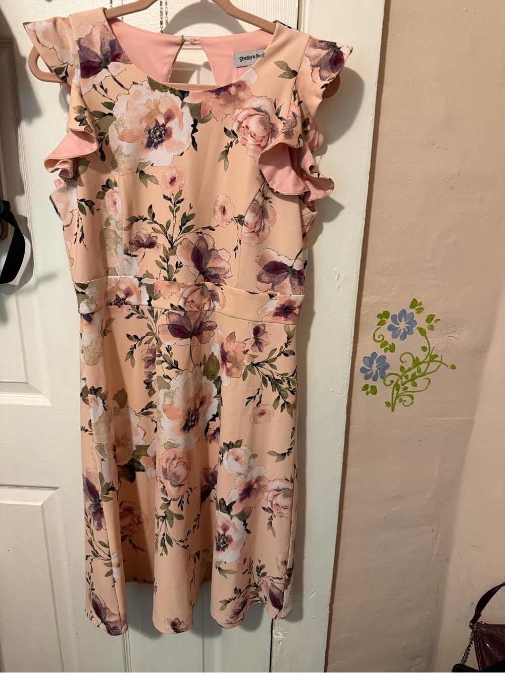 Shelby & Palmer Blush Peach Floral Ruffle Midi Dress